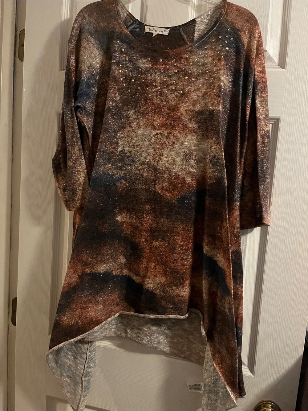indigo soul Brown Multi Metallic-Effect Abstract Tunic with Stud Accents